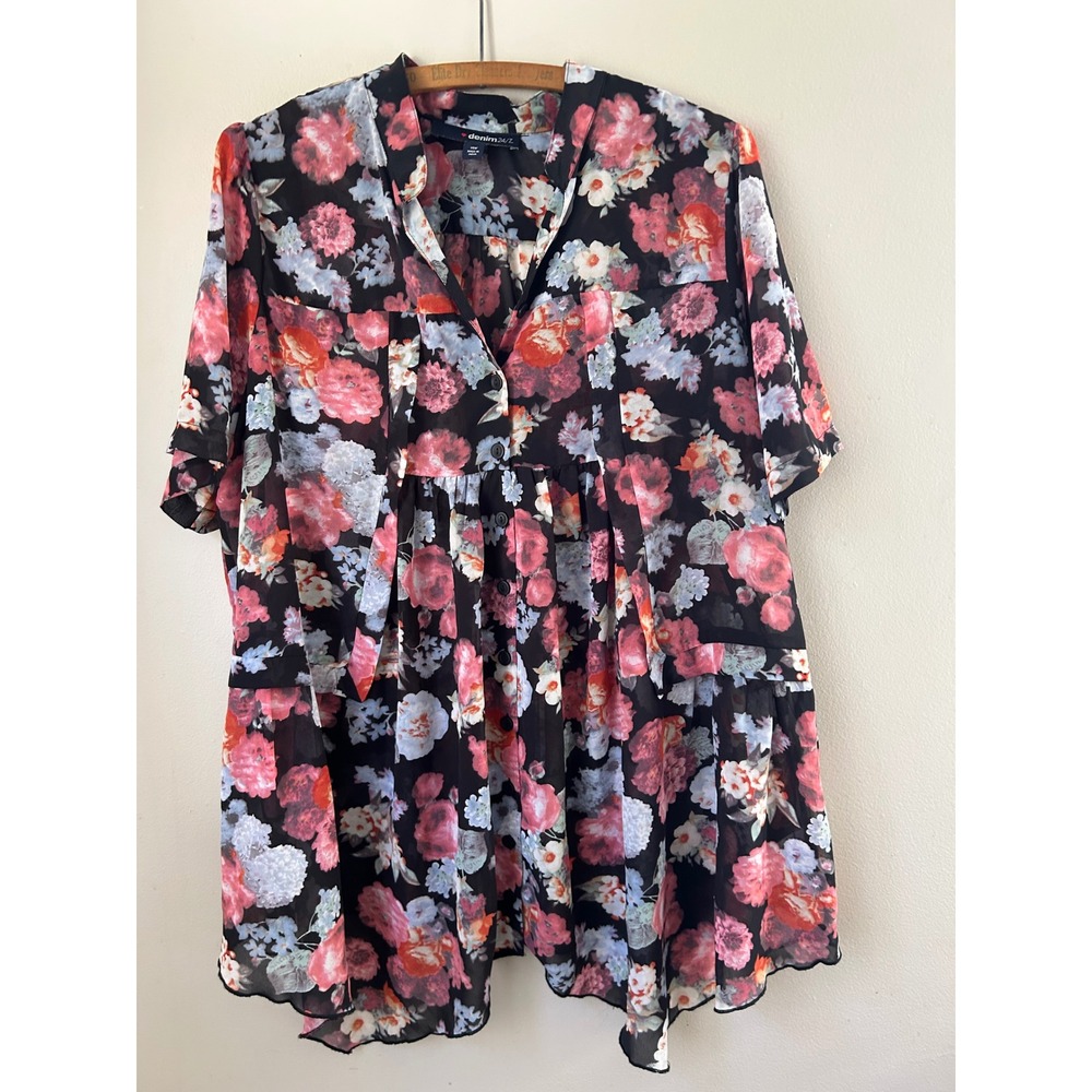 Denim 24/7 Black‎ Floral  Button Up Short Sleeve Tunic Top Women 14W Cottage